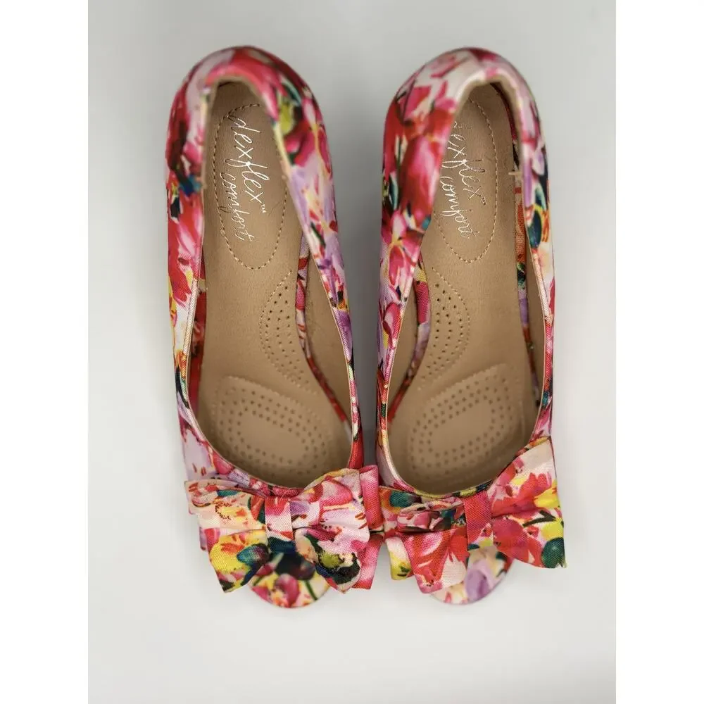 Dexflex Comfort Floral Cork Wedge Peep Toe Pumps Women's Size 8W Pink Bow Shoes